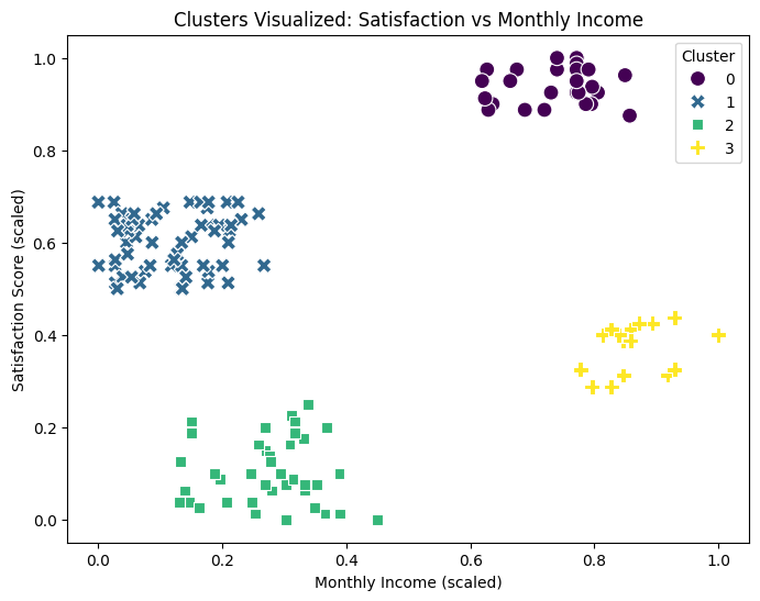 Scatter plot of the four K-Means clusters by monthly income and satisfaction score