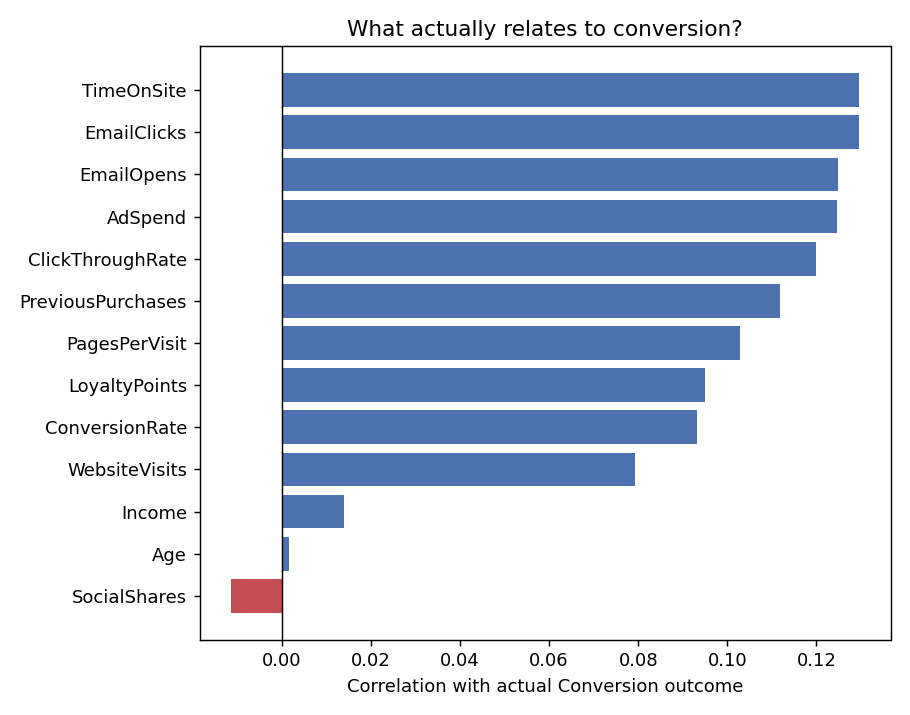 Horizontal bar chart of correlation between each feature and actual conversion outcome, all values weak and under 0.13