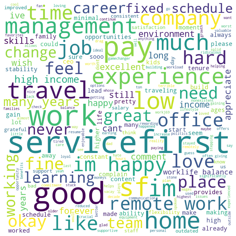 Word cloud of the most frequent words in employee feedback, dominated by work, pay, travel, management and good
